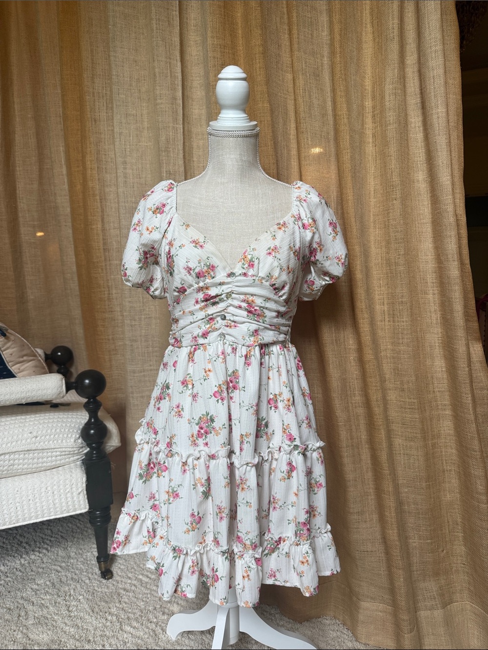 Altar'd State White Midi Dress with Pink Floral Print